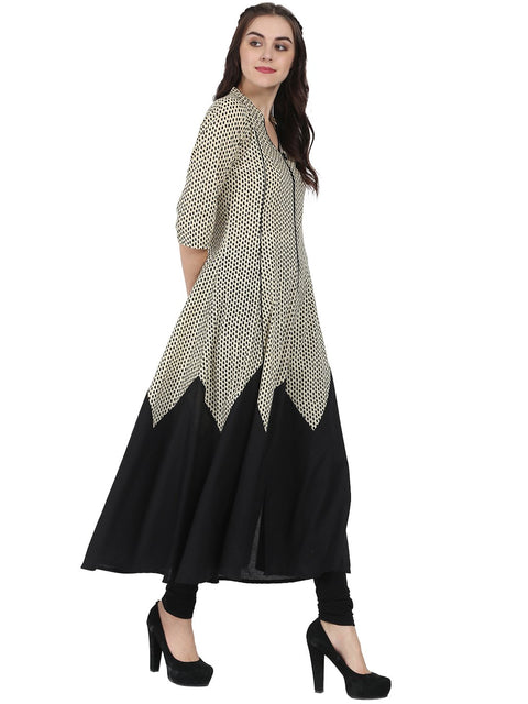 Off white & Black 3/4th sleeve cotton A-line kurta