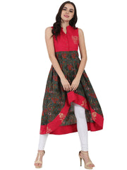 Red & Green printed sleeveless anarkali kurta