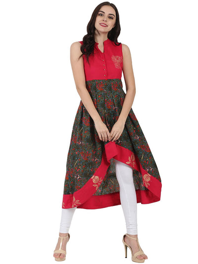 Red & Green printed sleeveless anarkali kurta