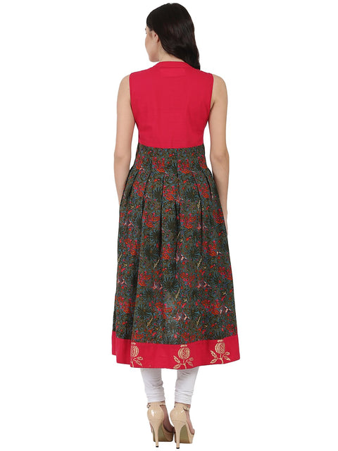Red & Green printed sleeveless anarkali kurta