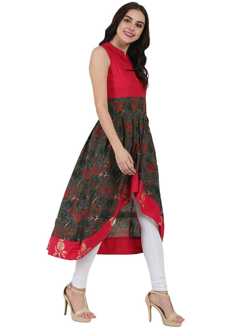 Red & Green printed sleeveless anarkali kurta