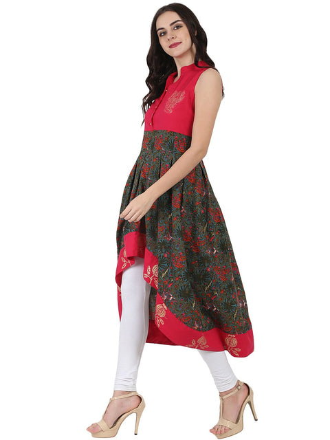 Red & Green printed sleeveless anarkali kurta