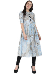 Blue Marbal printed half sleeve cotton anarkali kurta