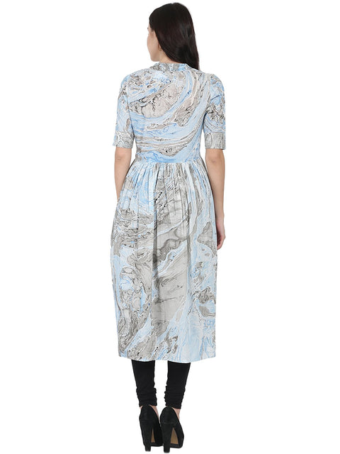 Blue Marbal printed half sleeve cotton anarkali kurta