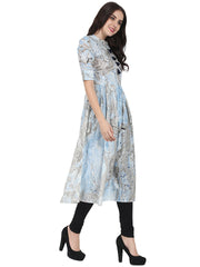 Blue Marbal printed half sleeve cotton anarkali kurta