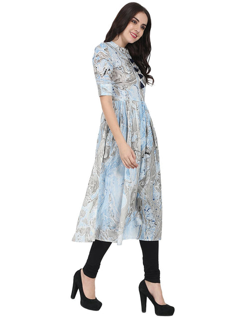 Blue Marbal printed half sleeve cotton anarkali kurta