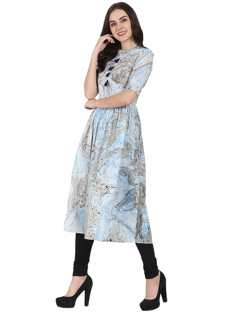 Blue Marbal printed half sleeve cotton anarkali kurta