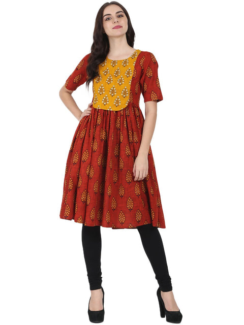 Red printed half sleeve cotton slub anarkali kurta