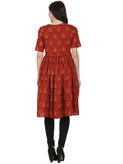 Red printed half sleeve cotton slub anarkali kurta