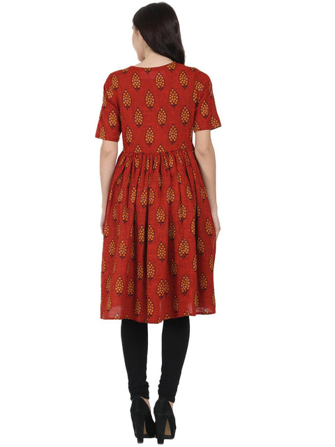 Red printed half sleeve cotton slub anarkali kurta