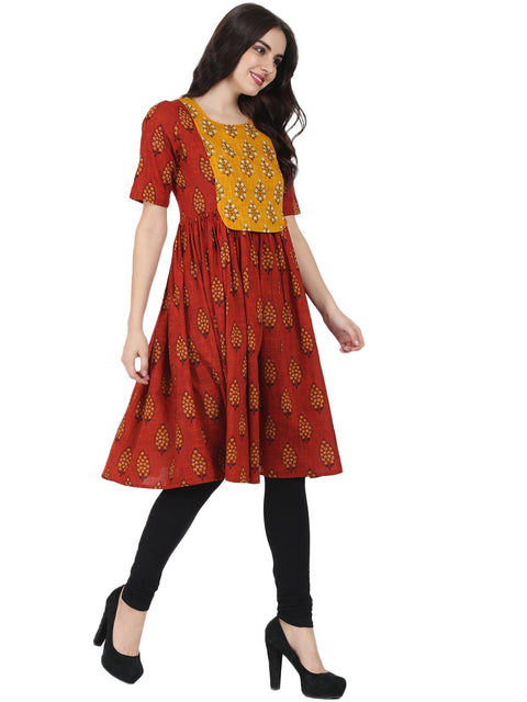 Red printed half sleeve cotton slub anarkali kurta