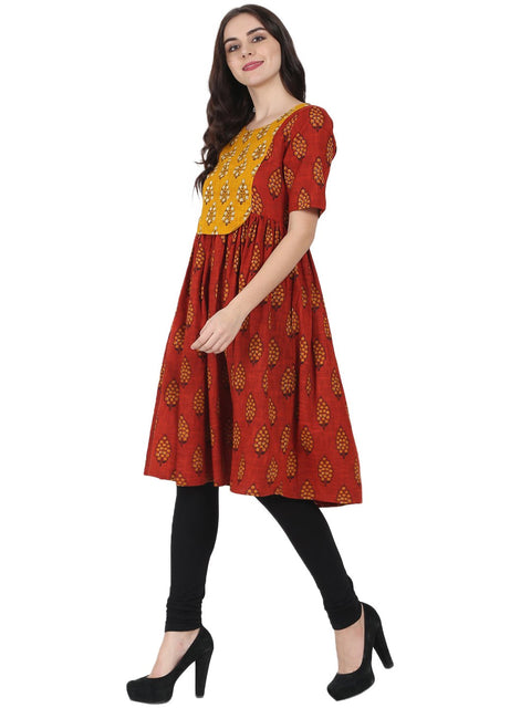 Red printed half sleeve cotton slub anarkali kurta