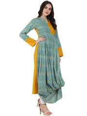Yellow & Blue printed full sleeve cotton Anarkali kurta