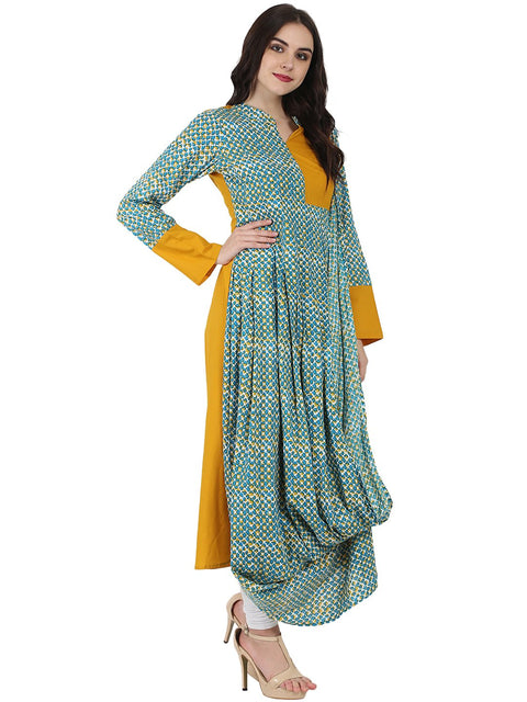 Yellow & Blue printed full sleeve cotton Anarkali kurta
