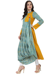 Yellow & Blue printed full sleeve cotton Anarkali kurta