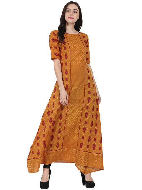 Mustard printed half sleeve floor length A-line kurta