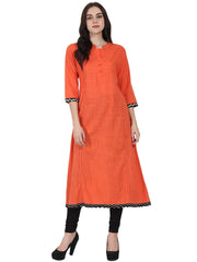 Orange 3/4th sleeve cotton slub A-line kurta