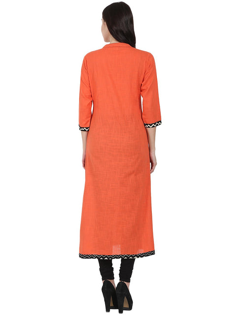 Orange 3/4th sleeve cotton slub A-line kurta