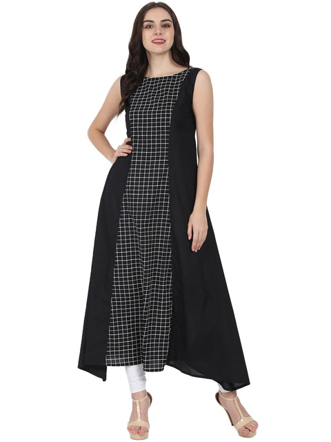 Black printed sleeveless cotton floor length A-line kurta