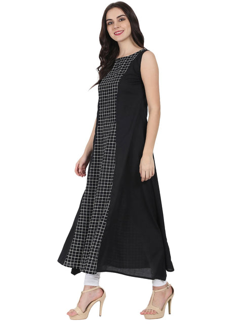Black printed sleeveless cotton floor length A-line kurta