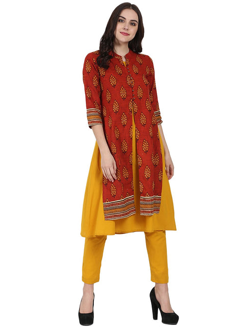 Red & Yellow printed 3/4th sleeve Cotton double layer A-line kurta with yellow ankle length palazzo