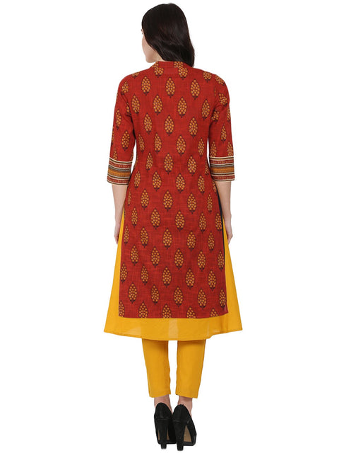 Red & Yellow printed 3/4th sleeve Cotton double layer A-line kurta with yellow ankle length palazzo
