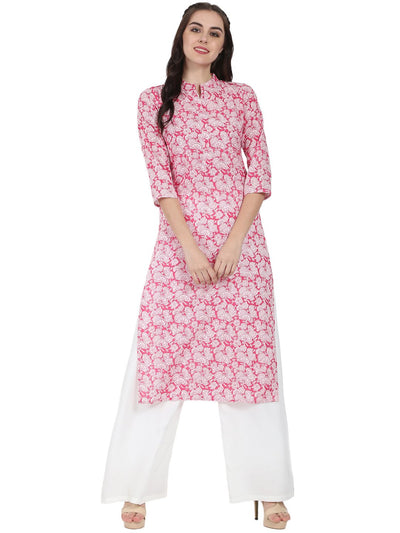 Pink printed 3/4th sleeve cotton kurta