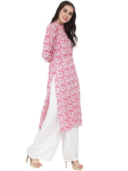 Pink printed 3/4th sleeve cotton kurta