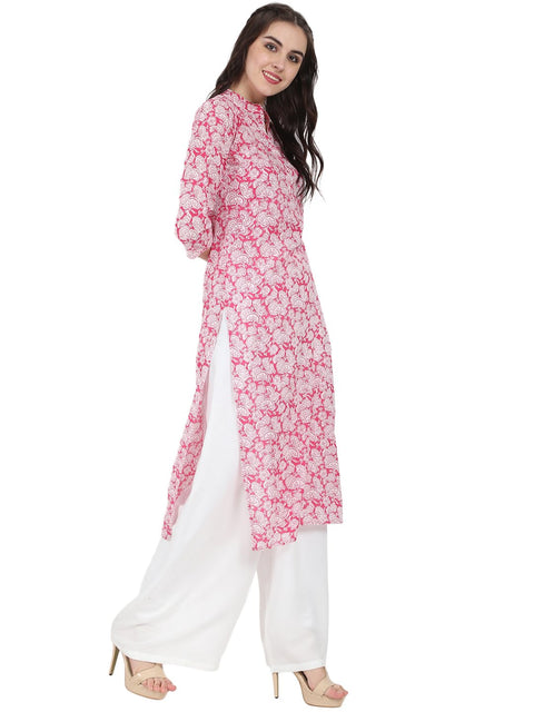 Pink printed 3/4th sleeve cotton kurta