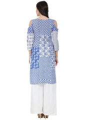 Blue printed 3/4th sleeve cold shoulder cotton kurta