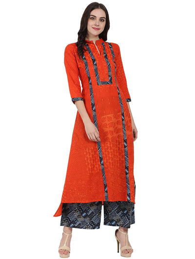 Orange 3/4th sleeve cotton A-line kurta with grey printed ankle length kurta