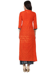 Orange 3/4th sleeve cotton A-line kurta with grey printed ankle length kurta
