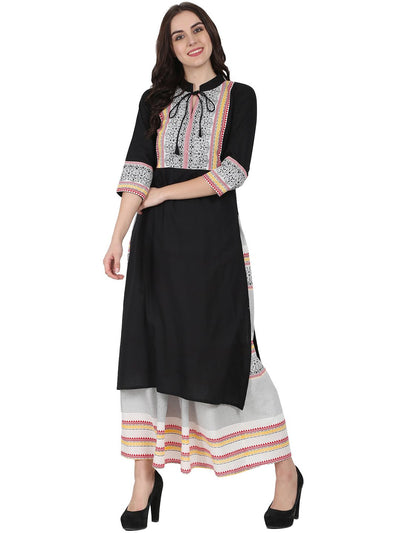 Black 3/4th sleeve cotton kurta with off white printed ankle length flared skirt