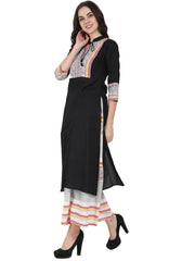 Black 3/4th sleeve cotton kurta with off white printed ankle length flared skirt
