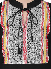 Black 3/4th sleeve cotton kurta with off white printed ankle length flared skirt