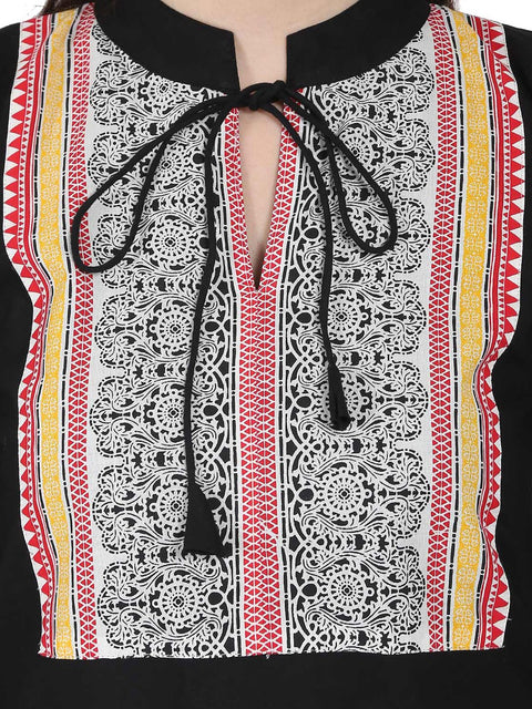 Black 3/4th sleeve cotton kurta with off white printed ankle length flared skirt