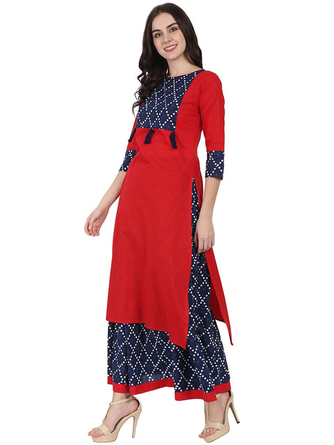 Red printed 3/4th sleeve cotton kurta with blue printed skirt