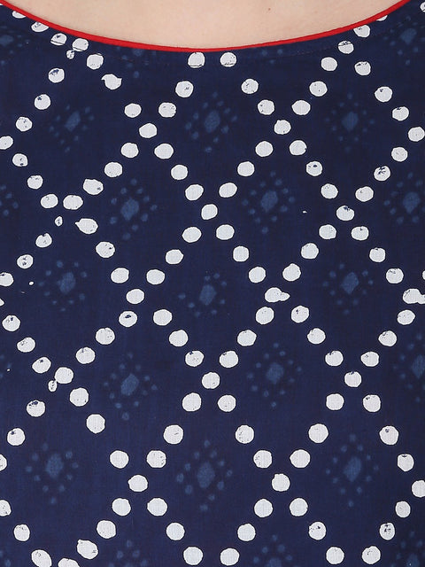 Red printed 3/4th sleeve cotton kurta with blue printed skirt