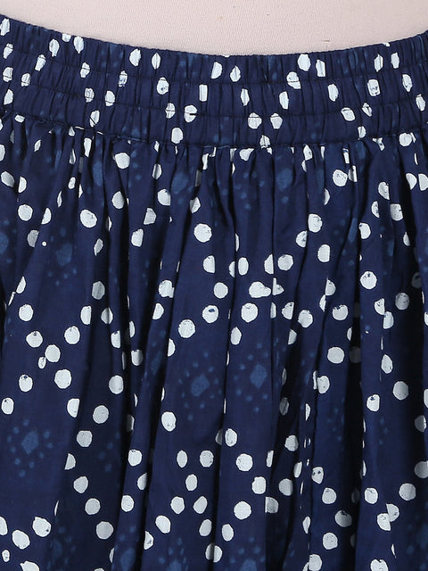 Red printed 3/4th sleeve cotton kurta with blue printed skirt