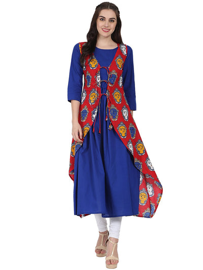 Blue 3/4th sleeve cotton anarkali kurta with red printed jacket