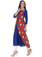 Blue 3/4th sleeve cotton anarkali kurta with red printed jacket