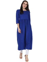 Blue 3/4th sleeve cotton anarkali kurta with red printed jacket