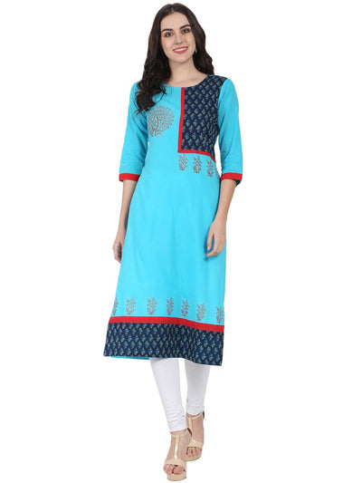 Blue 3/4th sleeve block printed A-line kurta