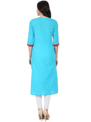 Blue 3/4th sleeve block printed A-line kurta