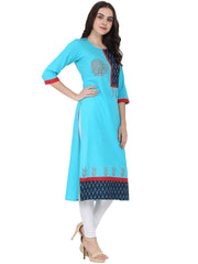 Blue 3/4th sleeve block printed A-line kurta