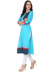 Blue 3/4th sleeve block printed A-line kurta