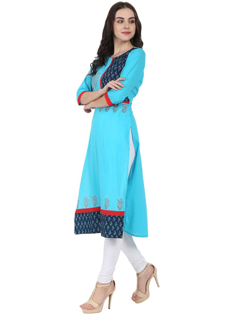 Blue 3/4th sleeve block printed A-line kurta