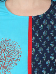 Blue 3/4th sleeve block printed A-line kurta