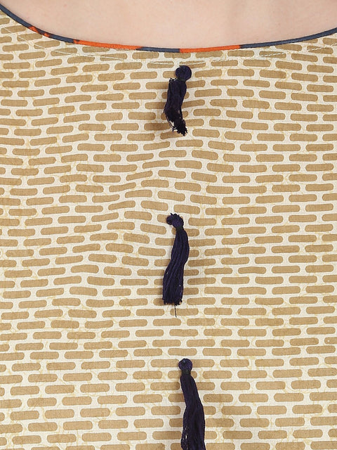 Beige printed 3/4th sleeve cotton kurta with blue printed ankle length flared skirt