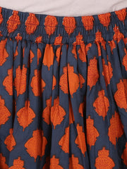 Beige printed 3/4th sleeve cotton kurta with blue printed ankle length flared skirt